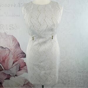 Calvin Klein Beige white sheath dress with gold accents Size 14 LIKE NEW